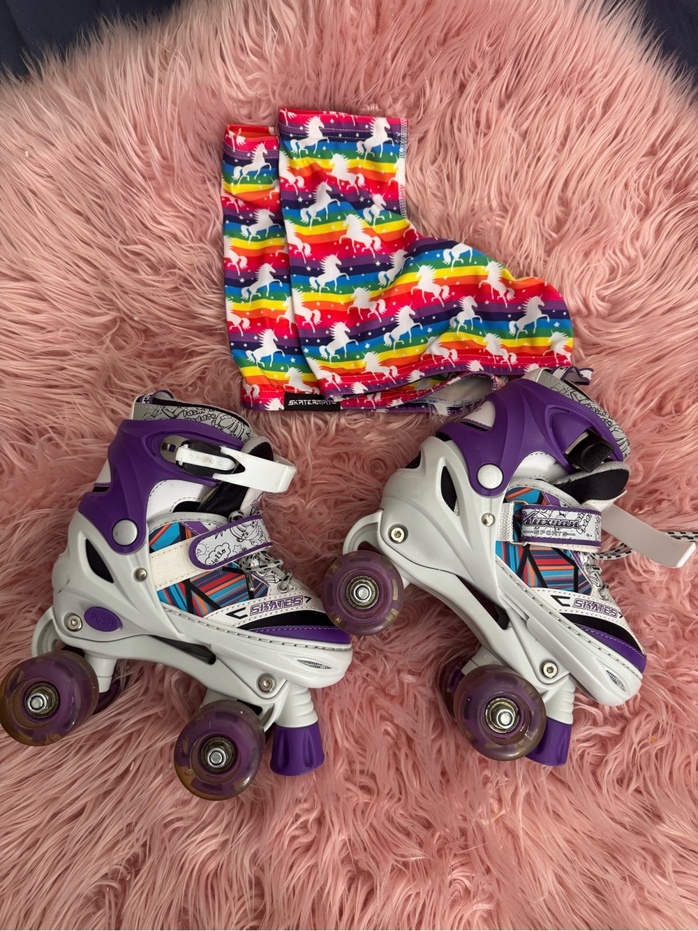 Purple Adjustable Kids Roller Skates with Rainbow Unicorn Knee Pads